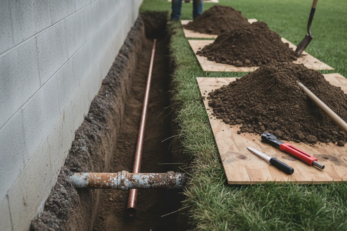 Excavated water line trench during Sewer Line Repair in Monroe Township